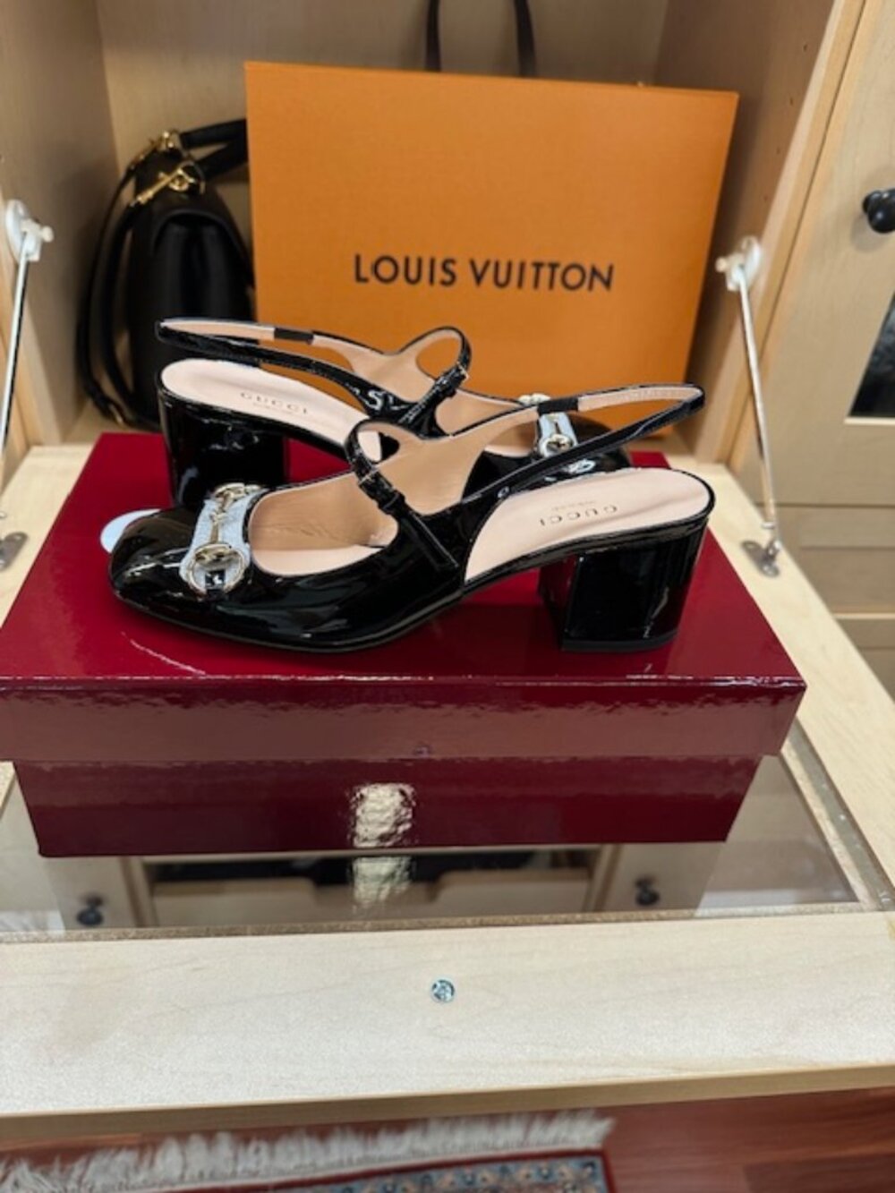 Gucci Size 37 Horsebit Accent Black Patent Leather Slingback Pumps Brand New